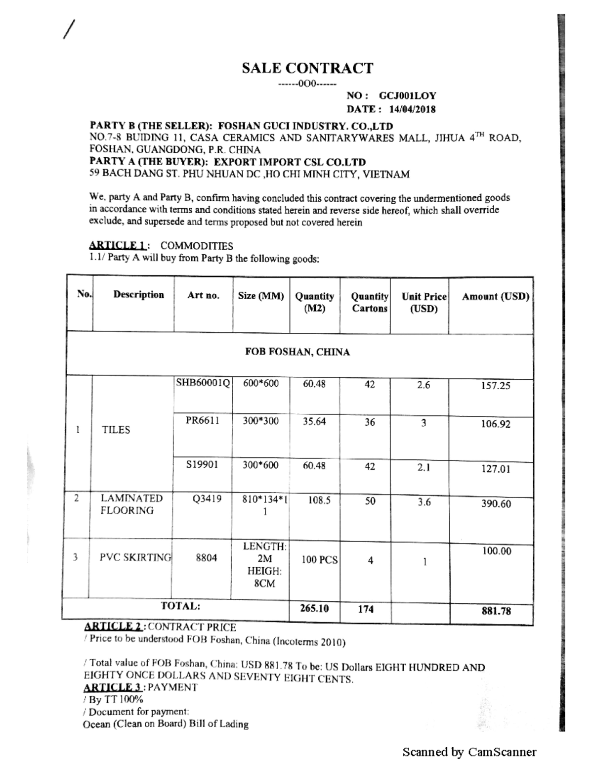 Ctr - Sale Contract No GCJ001LOY between FOSHAN GUCI and EXPORT IMPORT ...