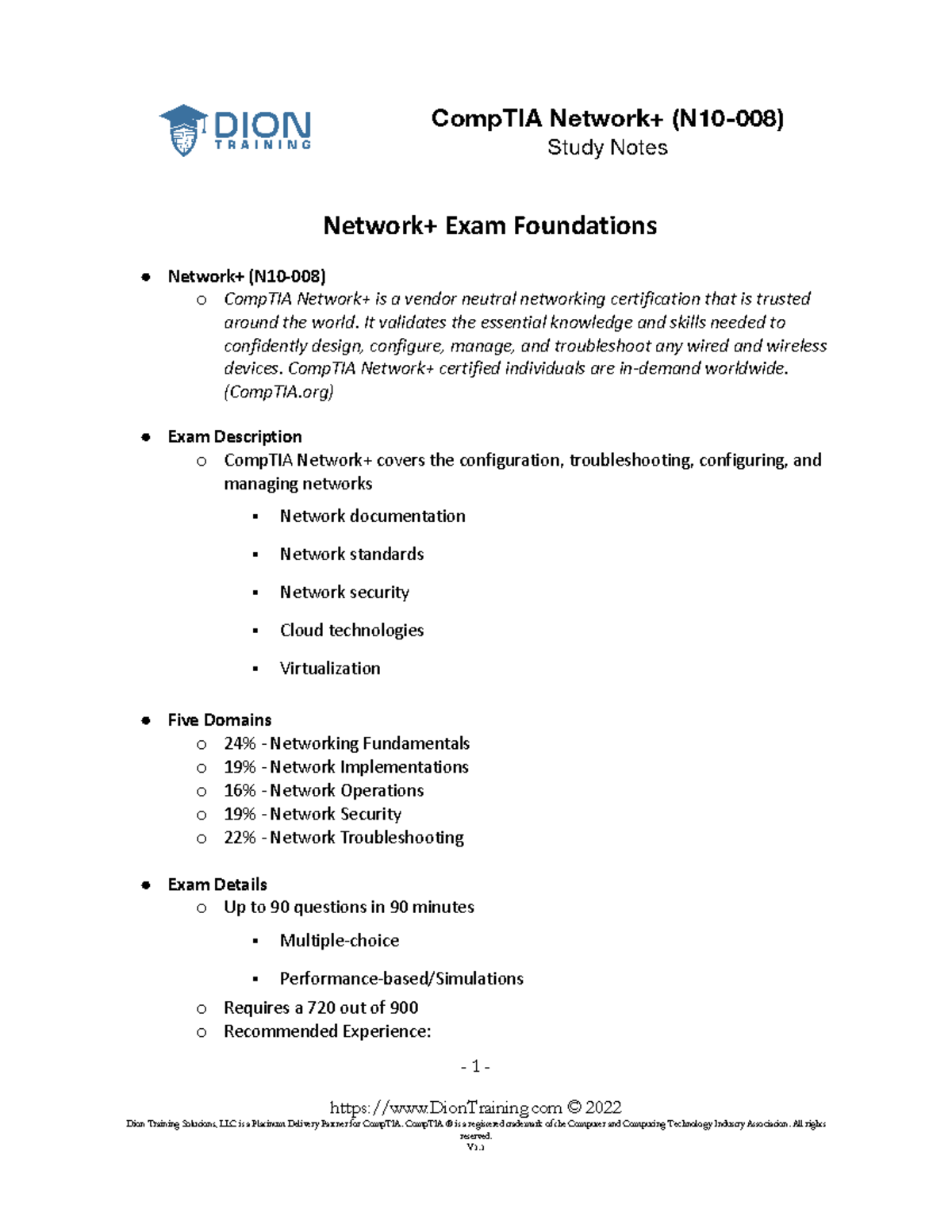 CompTIA Network+ (N10-008) Study Notes for Certification Exam - Studocu