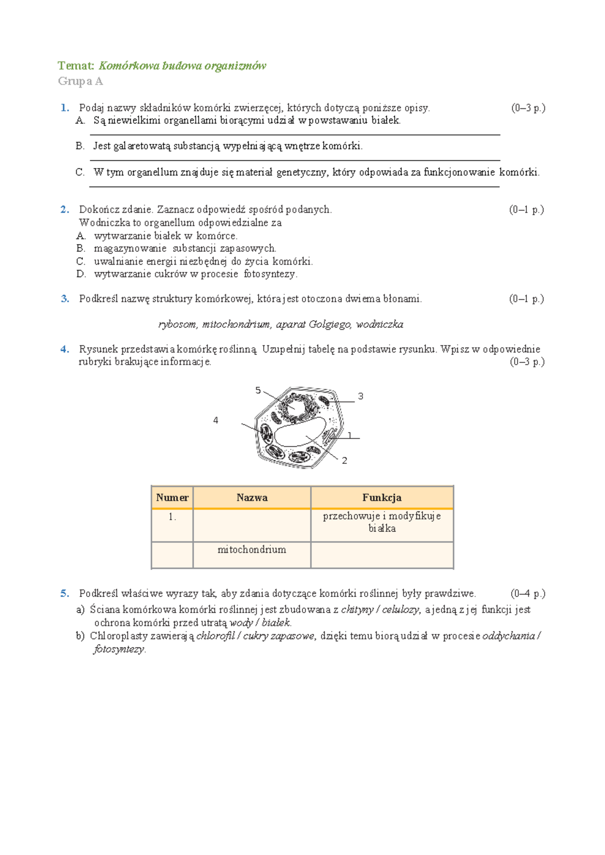 Sprawdzian Budowa Komorkowa Organuzmow 5 Klasa Biologia