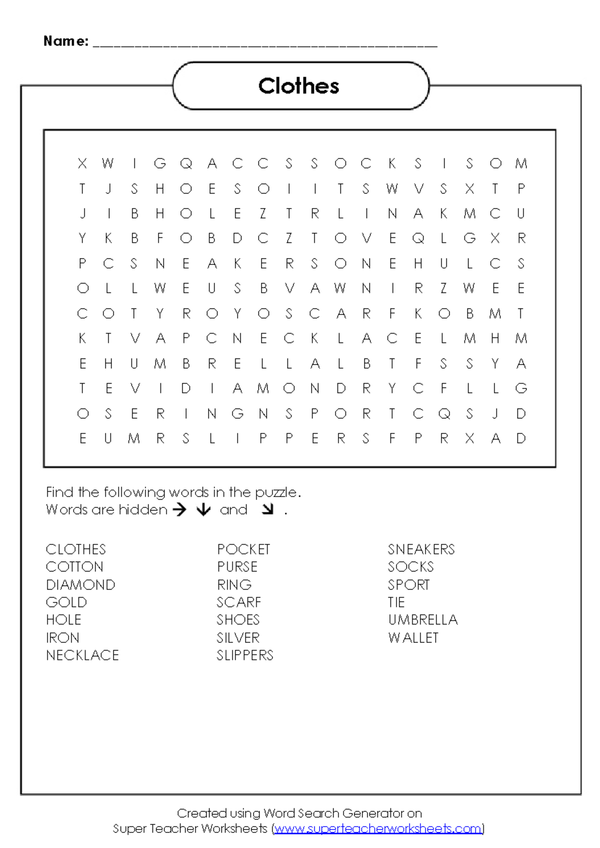 Word Search Puzzle: Clothes & Accessories (CLOTHES X W I G Q A C C ...