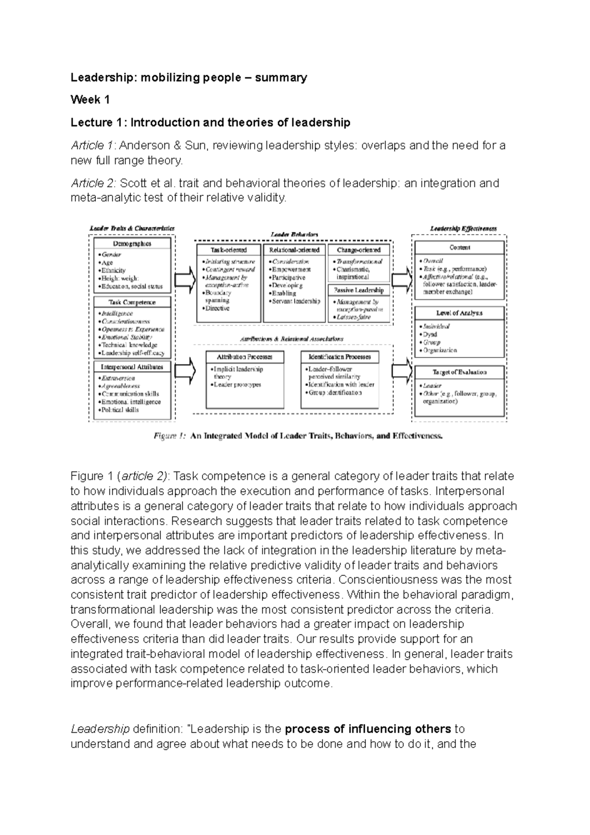 Leadership Theories and Effectiveness: Summary of Week 1 Lectures on ...