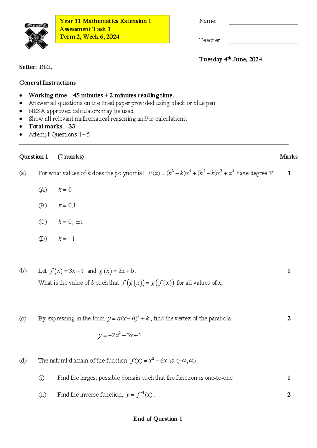 2024 Y11 Mathematics Extension 1 AT1 - Past Paper Assessment - Studocu