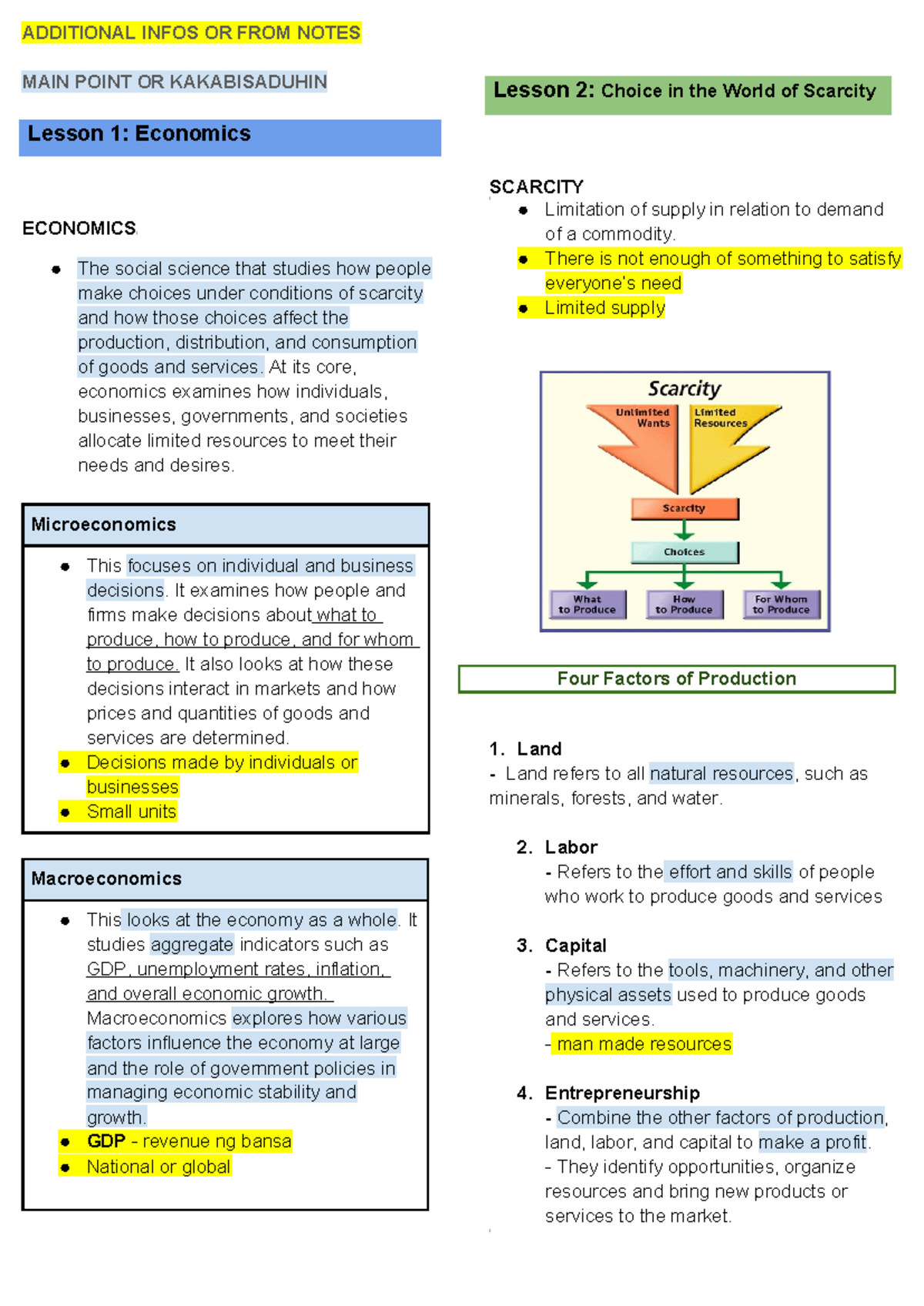 Basic Microeconomics (ECON 101) Lesson Notes: Chapters 1-5 Overview ...