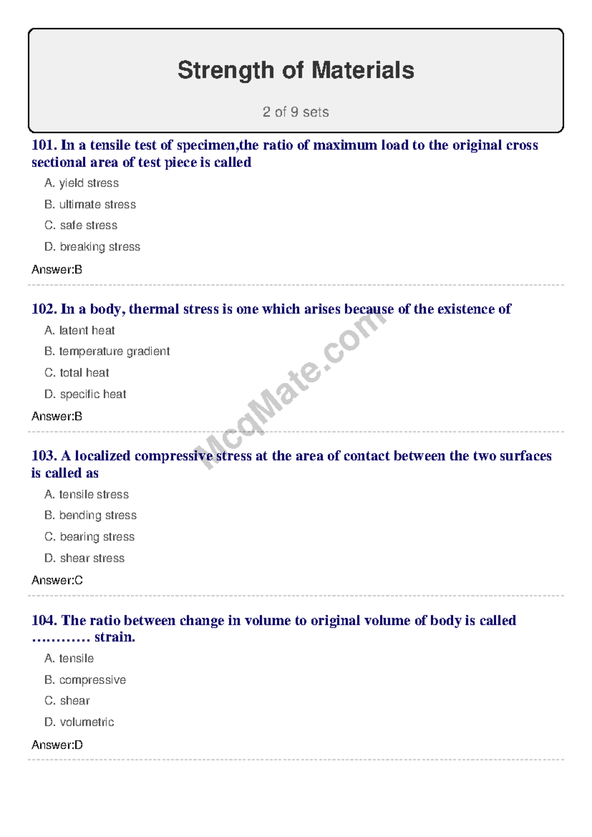Strength of Materials 101-200: MCQ Set 2 - Studocu
