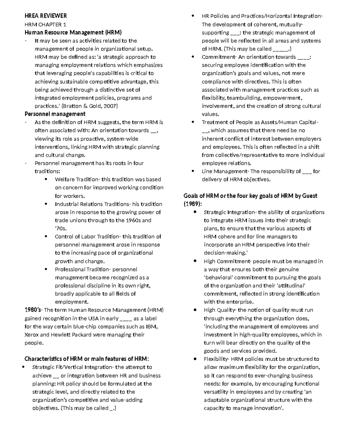 HREA Reviewer: HRM Chapter 1 Overview and Key Concepts - Studocu