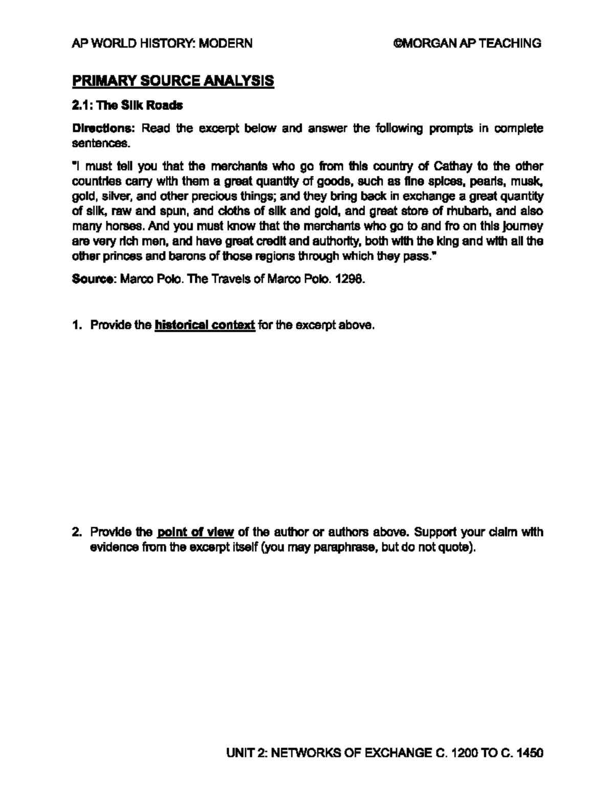 AP WORLD HISTORY: MODERN Primary Source Analysis on The Silk Roads ...