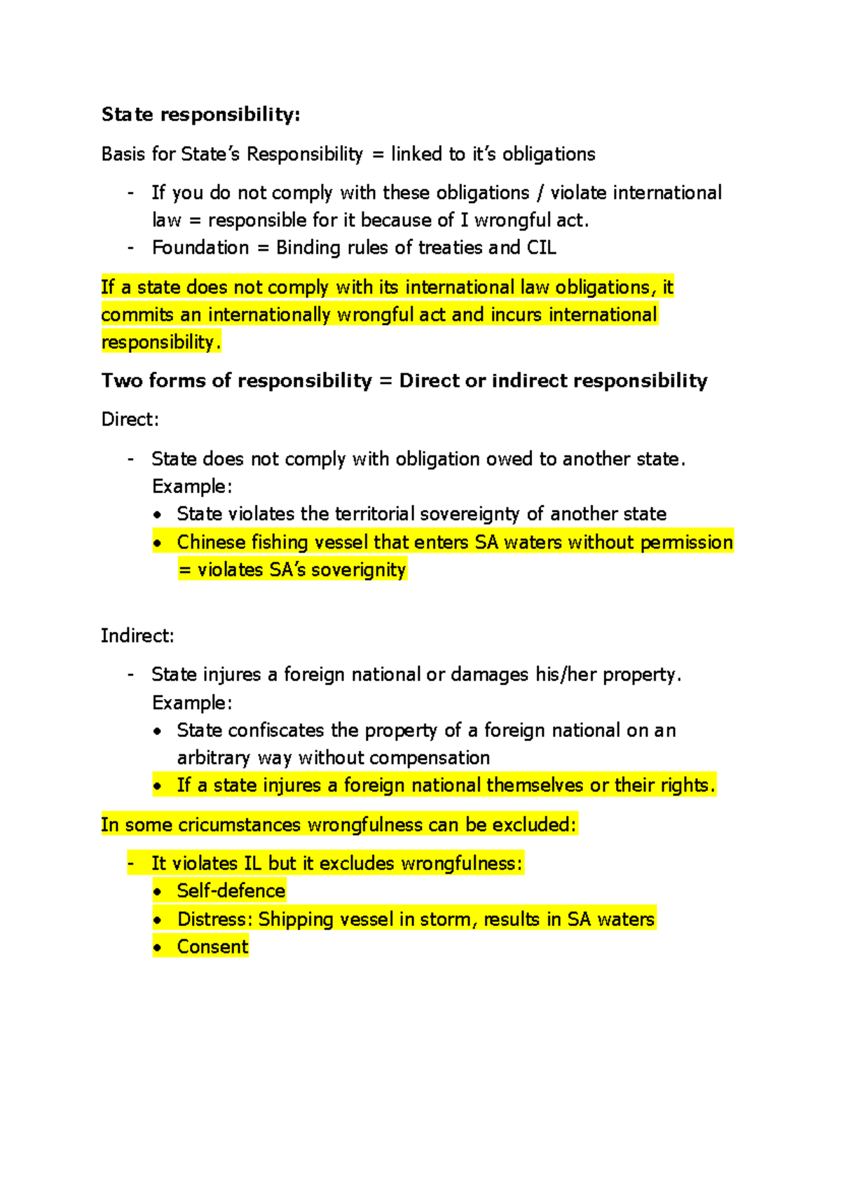 IURI 323 Class Notes: State Responsibility and International Law 2024 ...