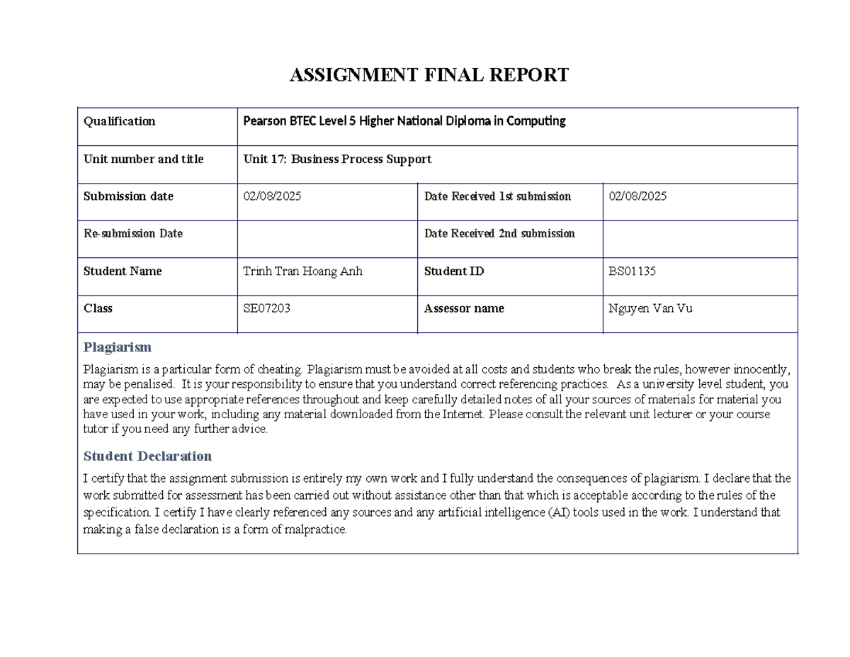 Business Process Support Report - BTEC Level 5 HND Computing Unit 17 ...