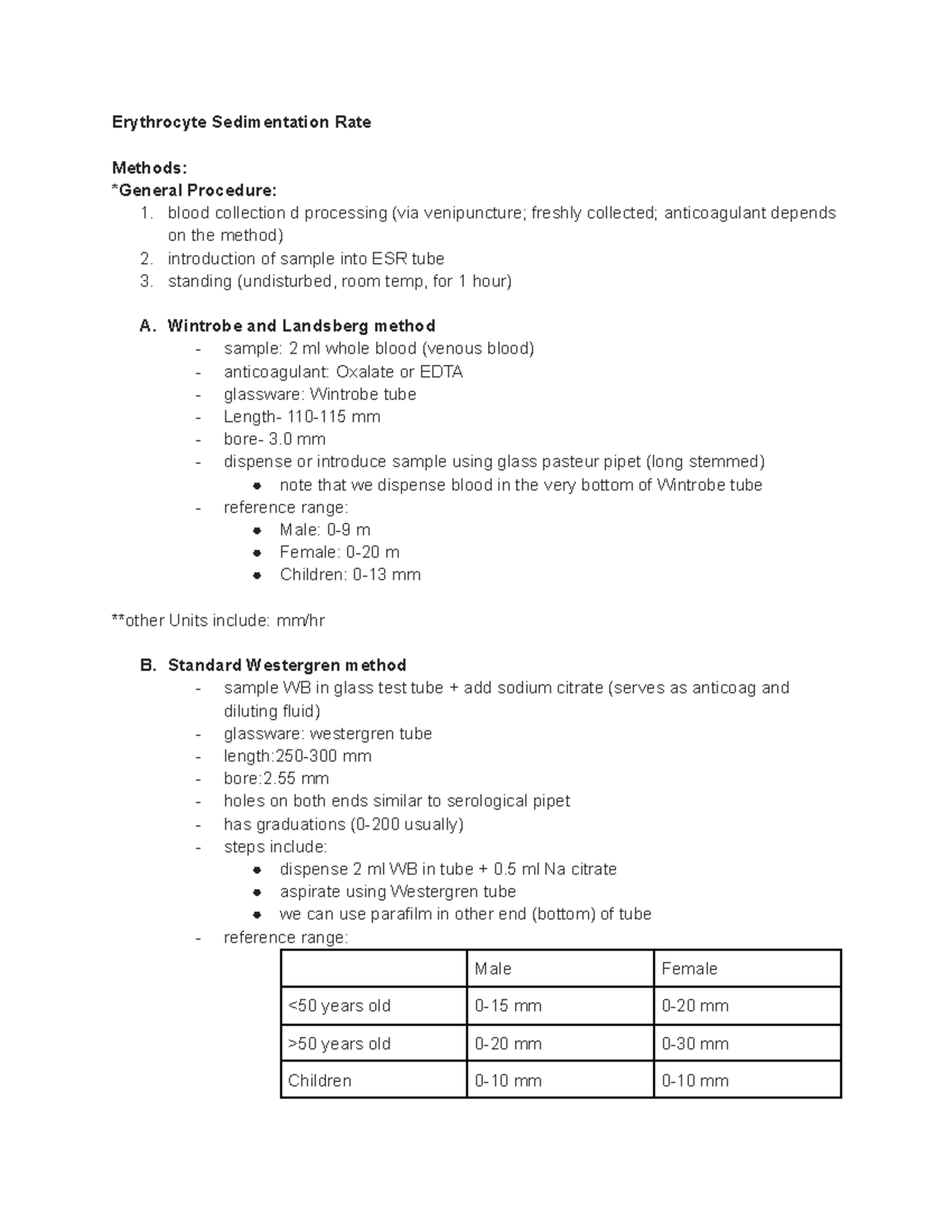 Hema Lab Finals - ESR and OFT - Erythrocyte Sedimentation Rate Methods ...