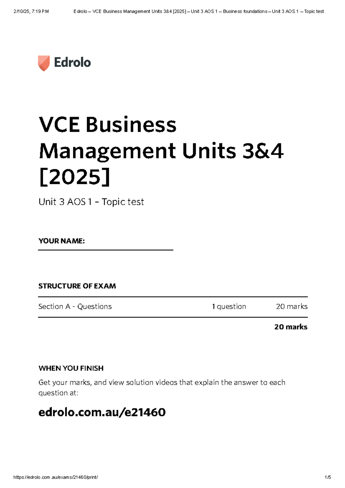 VCE Business Management Units 3&4 [2025] – Unit 3 AOS 1 Topic Test ...