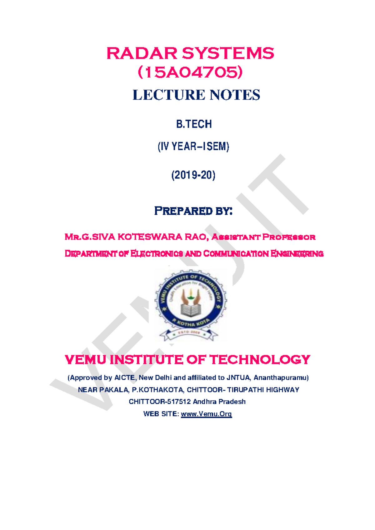 RADAR SYSTEMS (15A04705) LECTURE NOTES - UNIT I OVERVIEW - Studocu