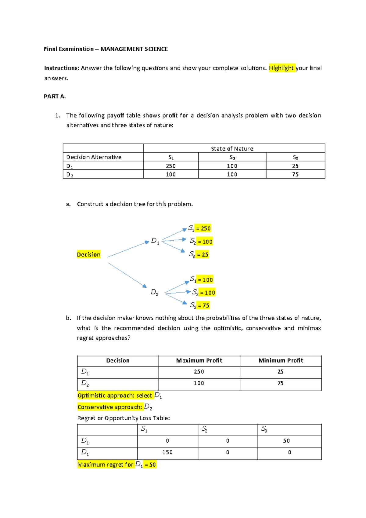 Management Science - Final Exam Review & Analysis (MANAGEMENT 301 ...