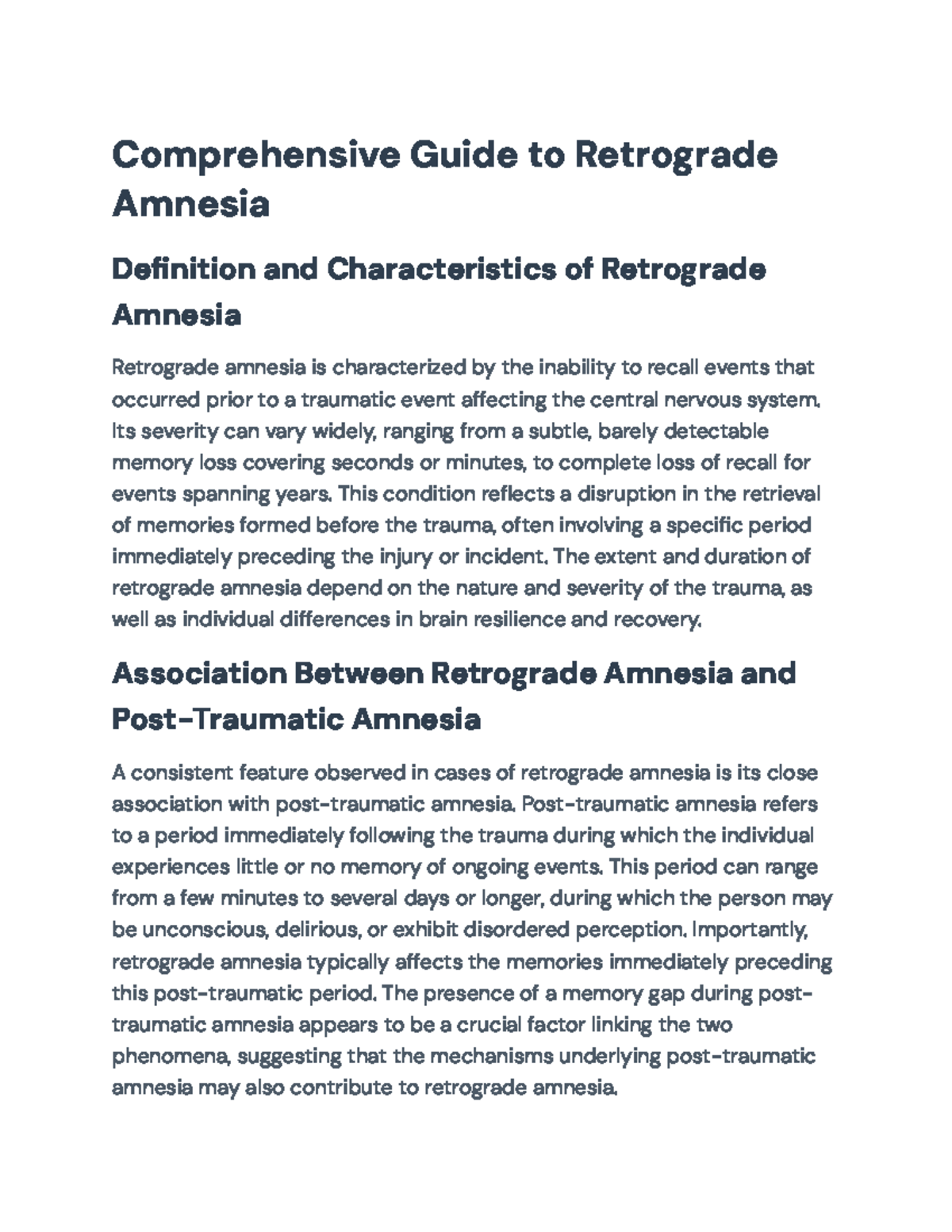 Comprehensive Analysis of Retrograde Amnesia and Memory Networks - Studocu