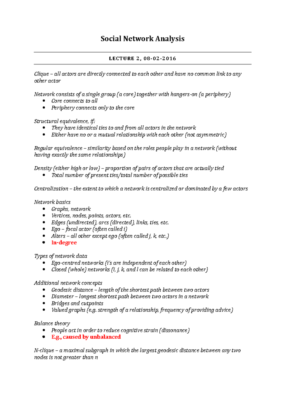 Social Network Analysis - Lecture Notes for Lectures 2-4 (SNA ...