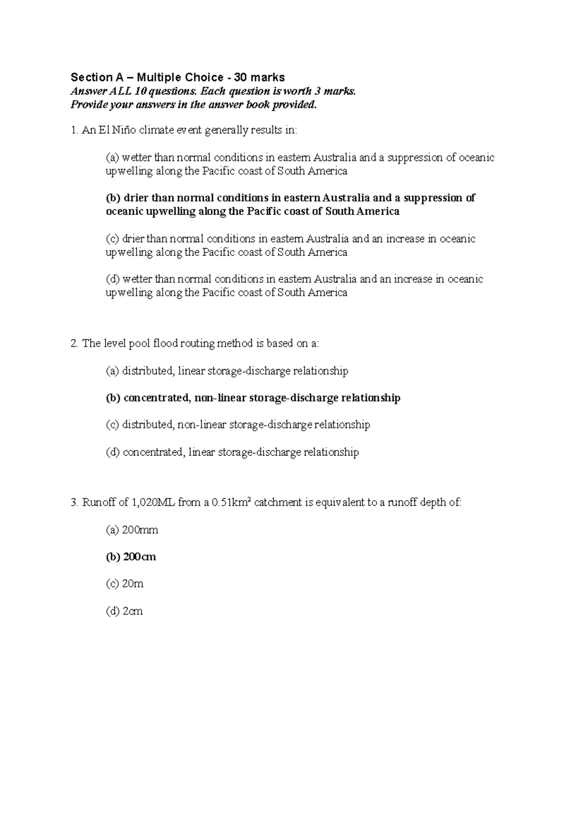 Exam 15 November 2009, questions and answers - Section A – Multiple ...