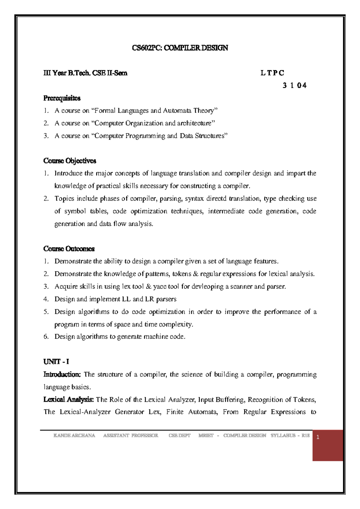 CS602PC: Compiler Design Digital Notes for B.Tech CSE - Studocu