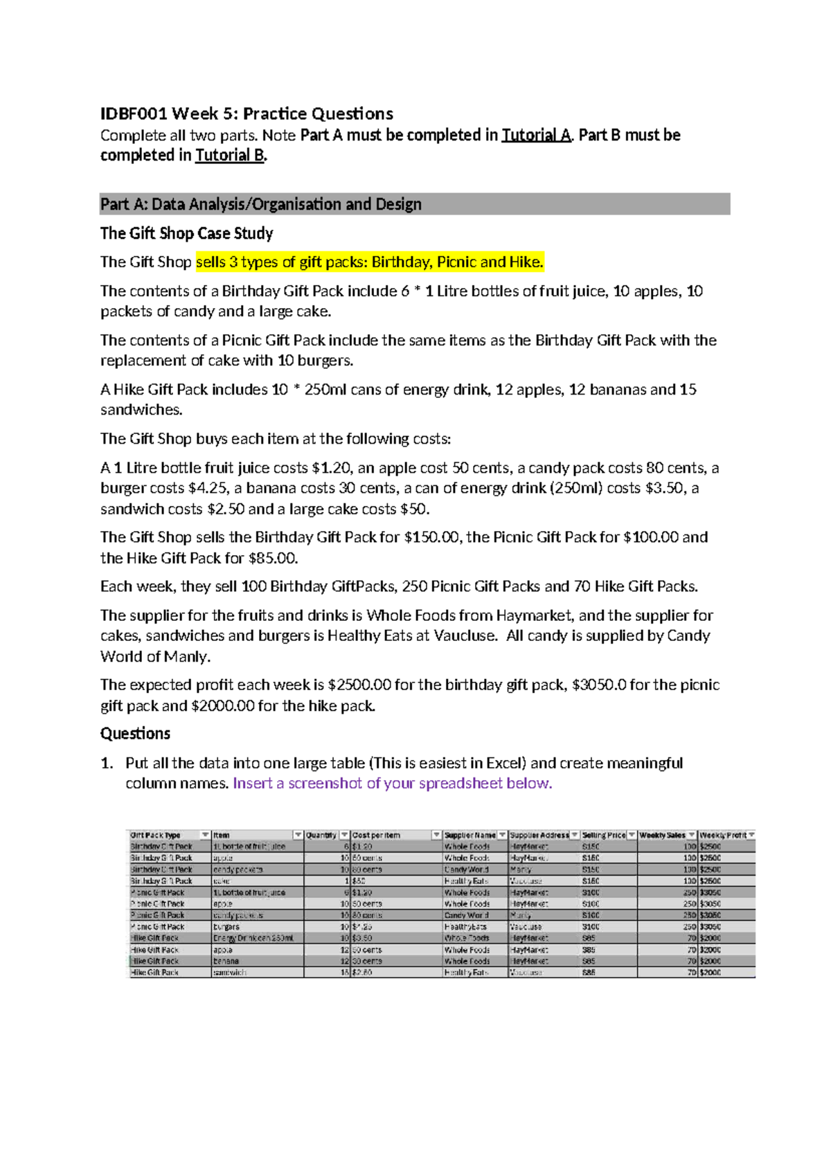IDBF001 Week 5: Gift Shop Case Study & Practice Questions - Studocu