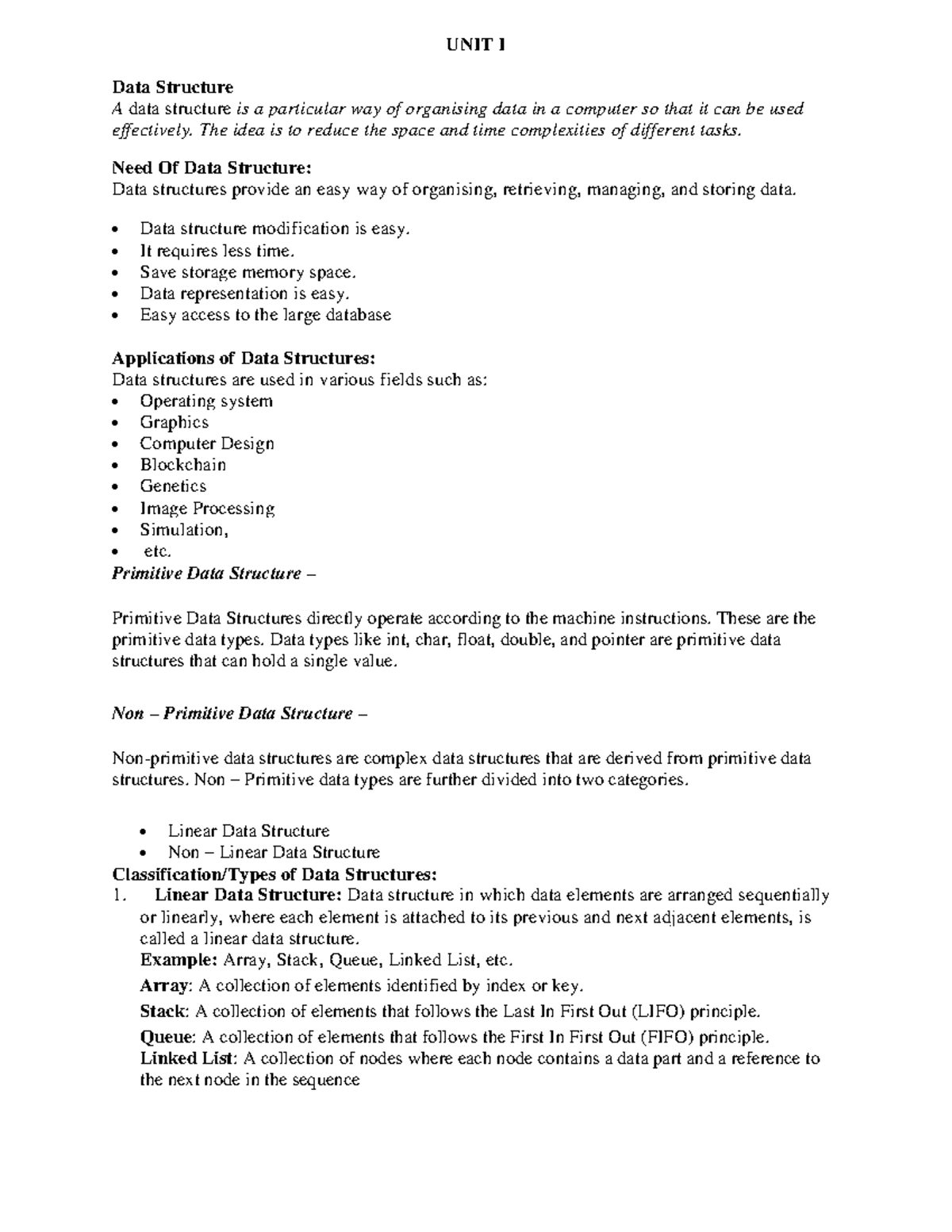 DS101 Unit I: Introduction to Data Structures and Their Applications ...