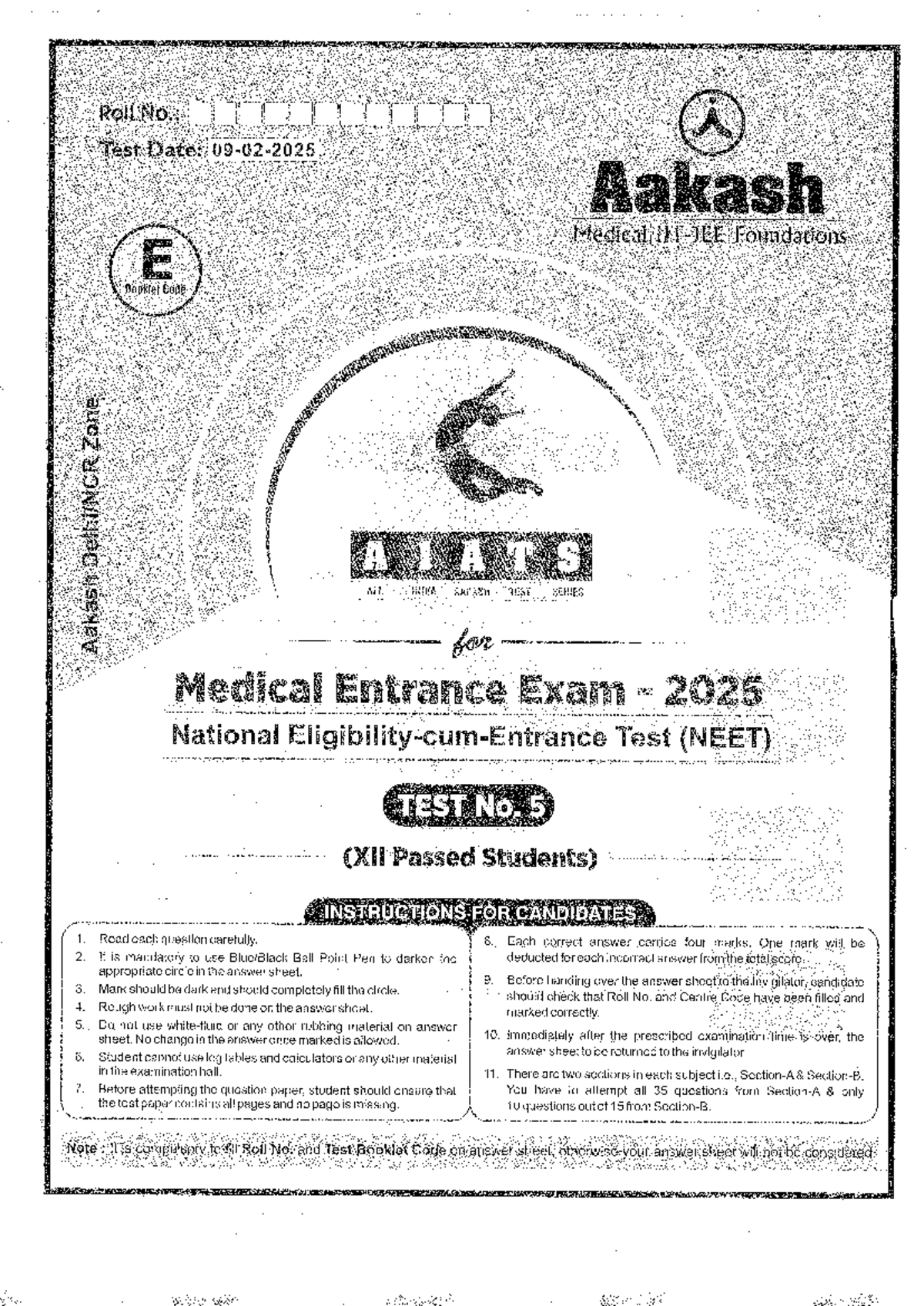 Aiats-05 XII+ CODE E 09 - Notes - Roll No.: Test Date: Aakash Medical ...