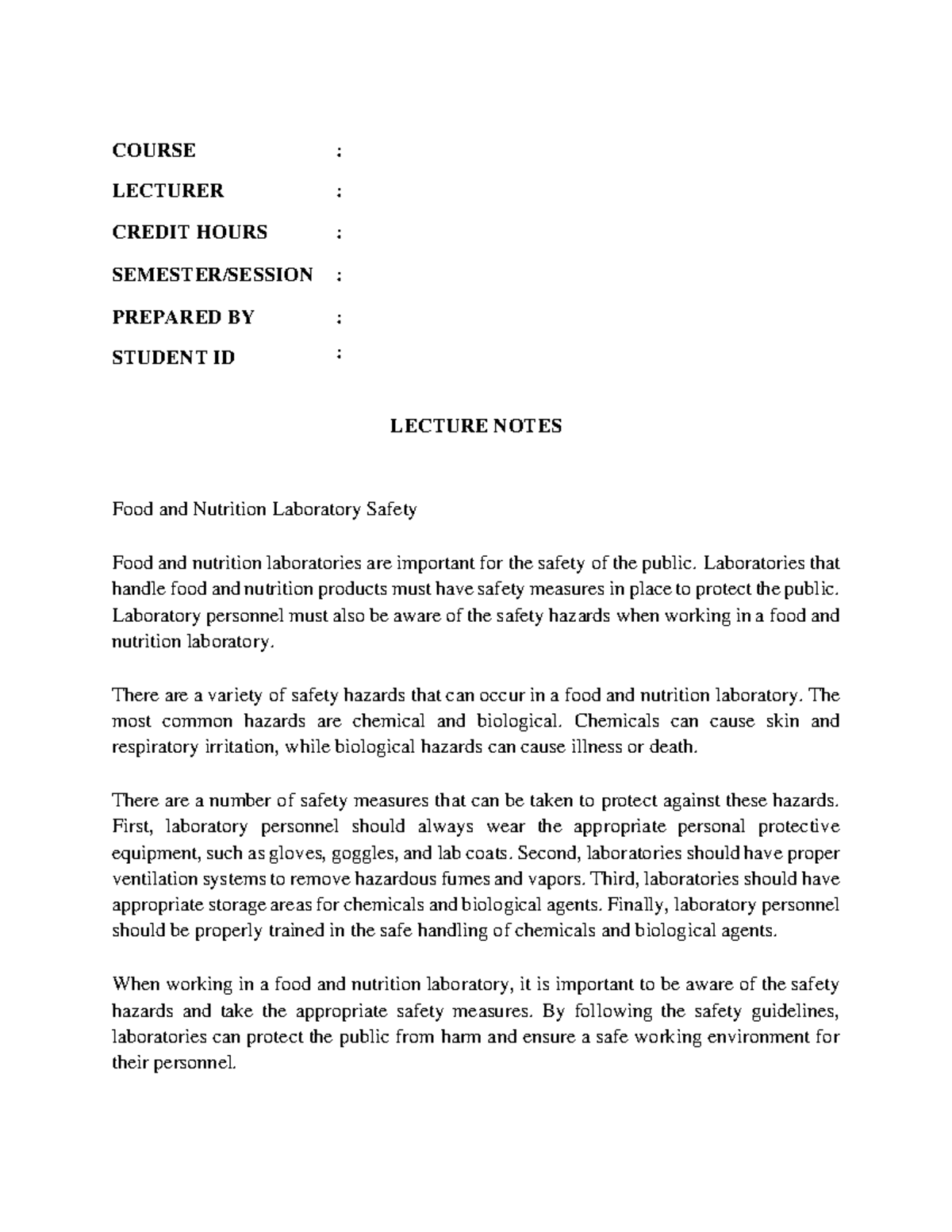 Food and Nutrition Laboratory Safety Lecture Notes - COURSE : LECTURER ...