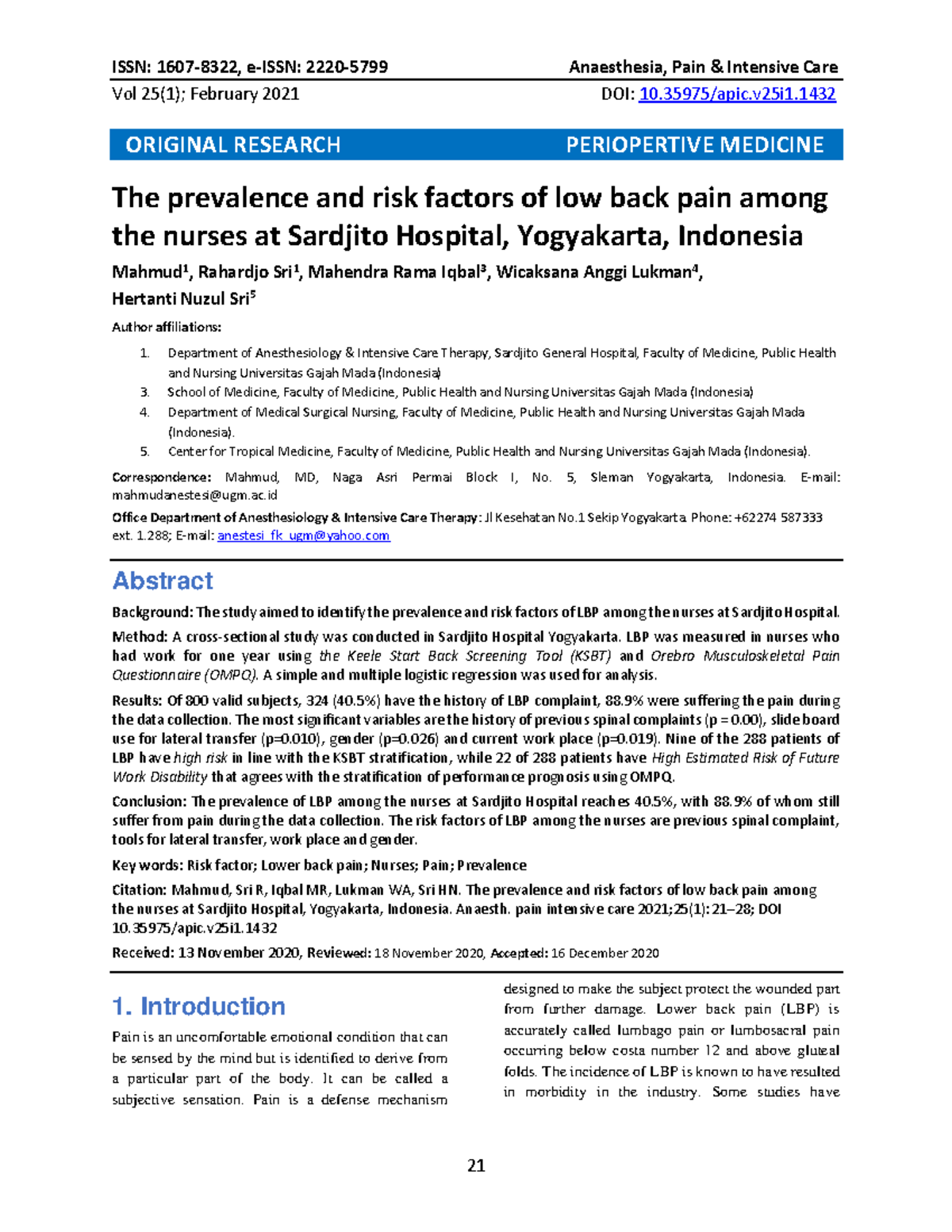 8 The prevalence and risk factors of low back pain among the nurses at ...
