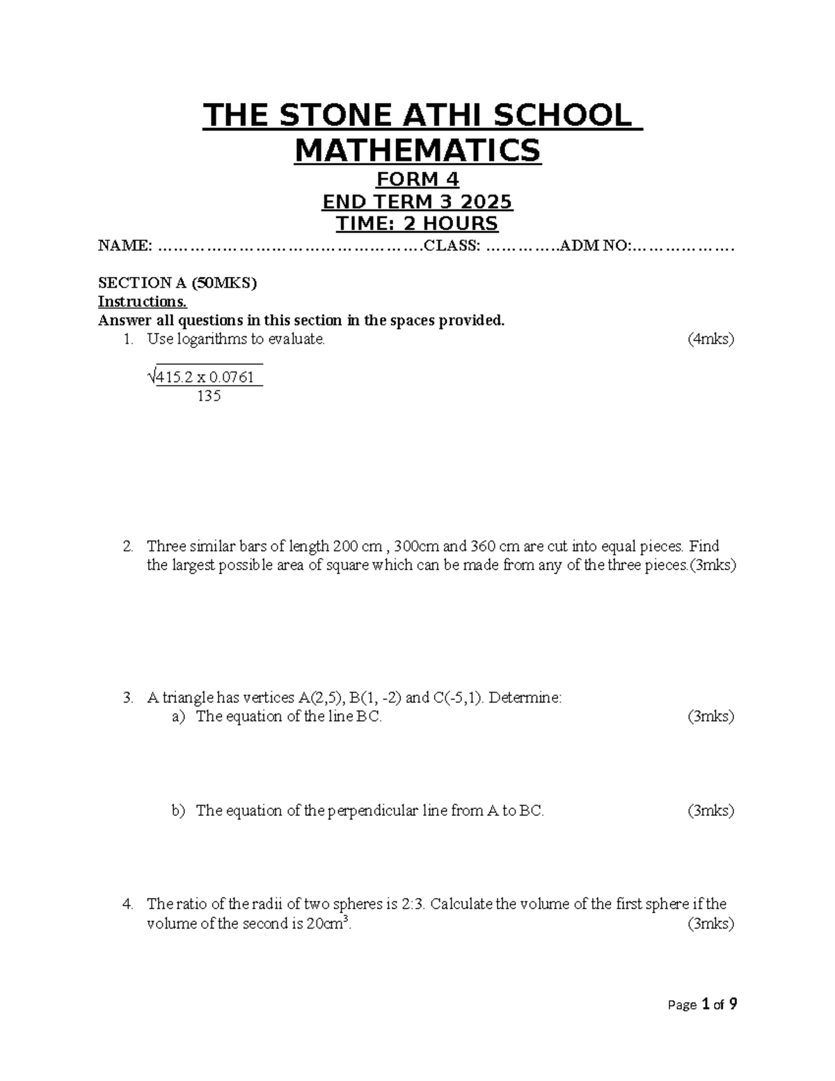 Mathematics Form 4 End Term 3 2025 Exam Questions - Maths-QN-1 - Studocu