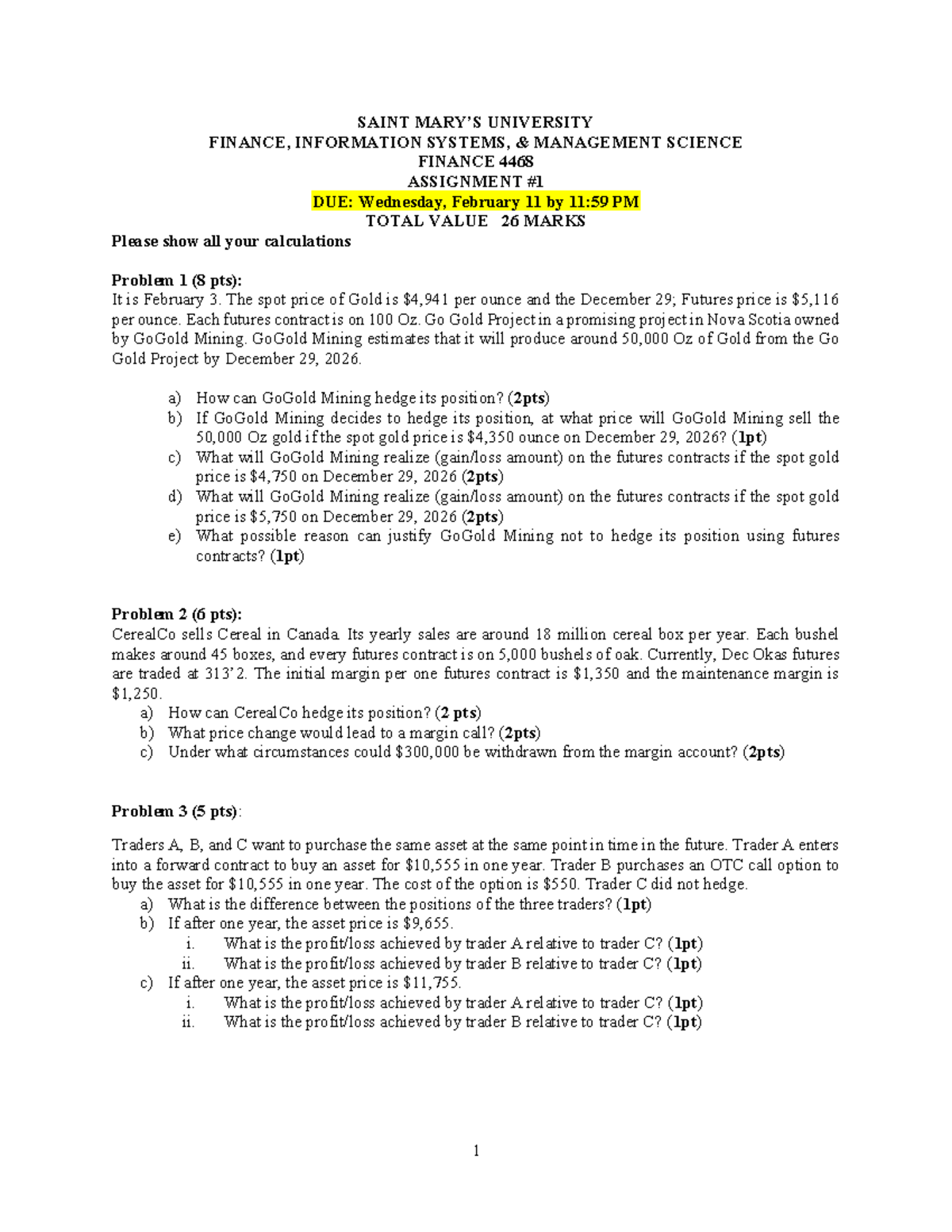 FINA4468 W2025 Assignment 1: Gold & Cereal Hedging Strategies - Studocu