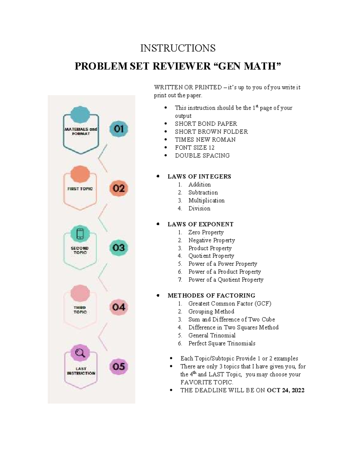 GEN MATH 101: Problem Set Review on Integers, Exponents & Factoring ...