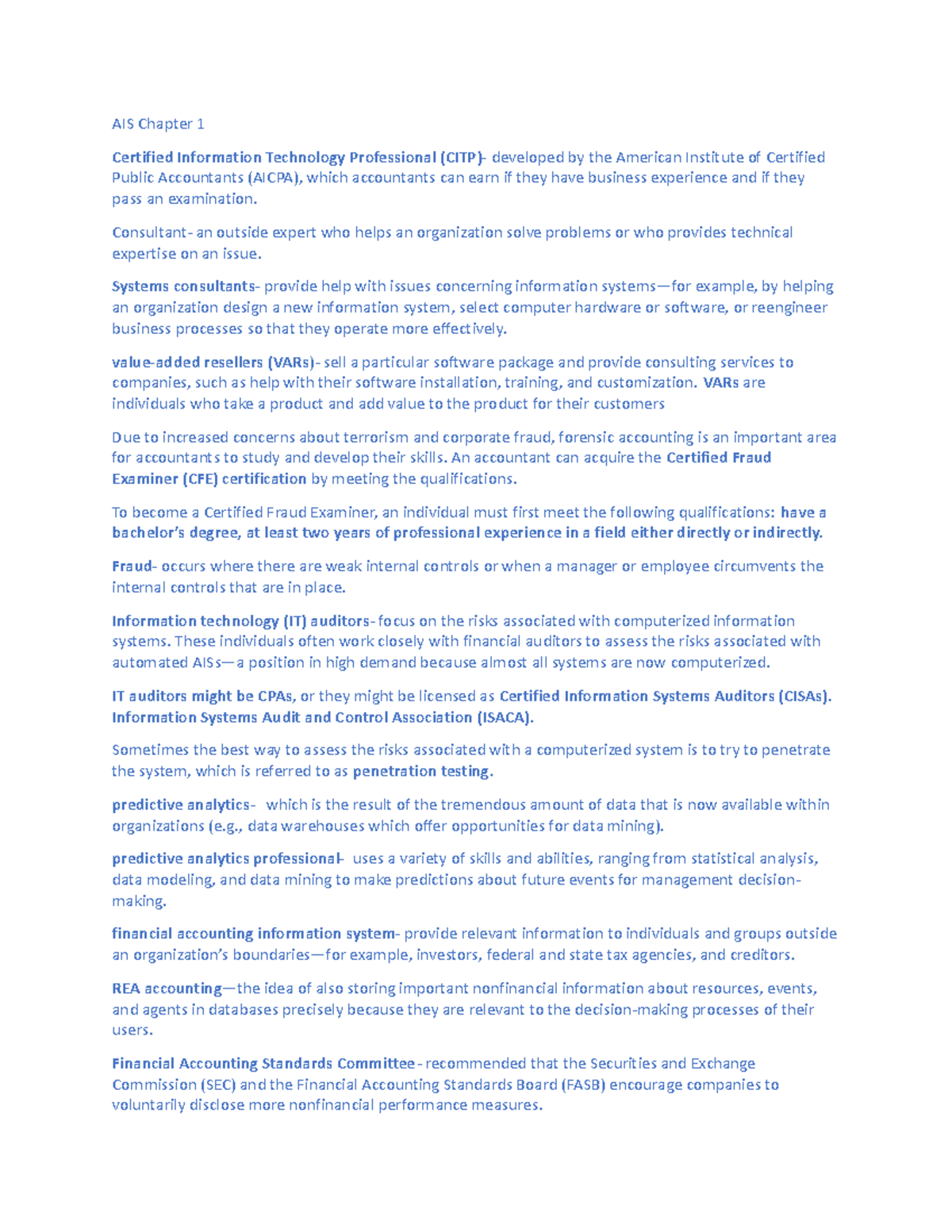 AIS Chapter 1 & 2 Notes: Certified IT & E-commerce Insights - Studocu