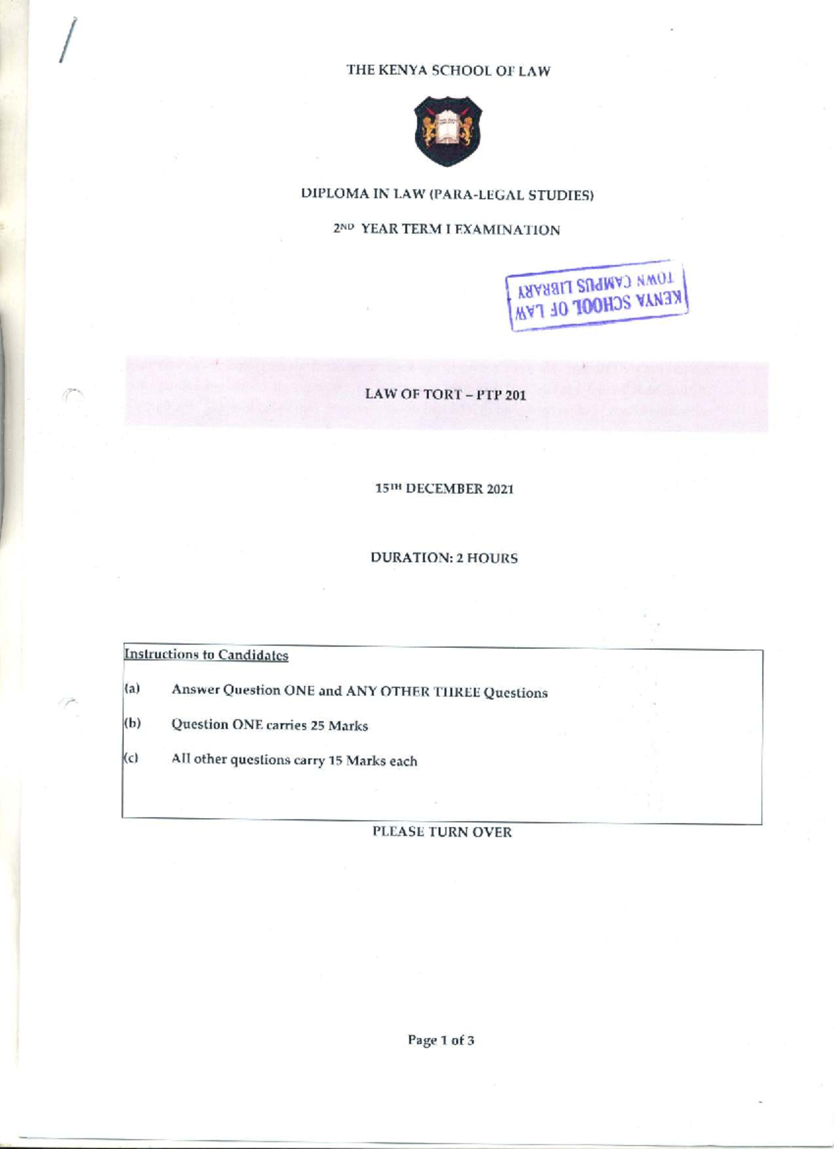Diploma in Law: Law of Tort - PTP 201 Final Exam - Studocu