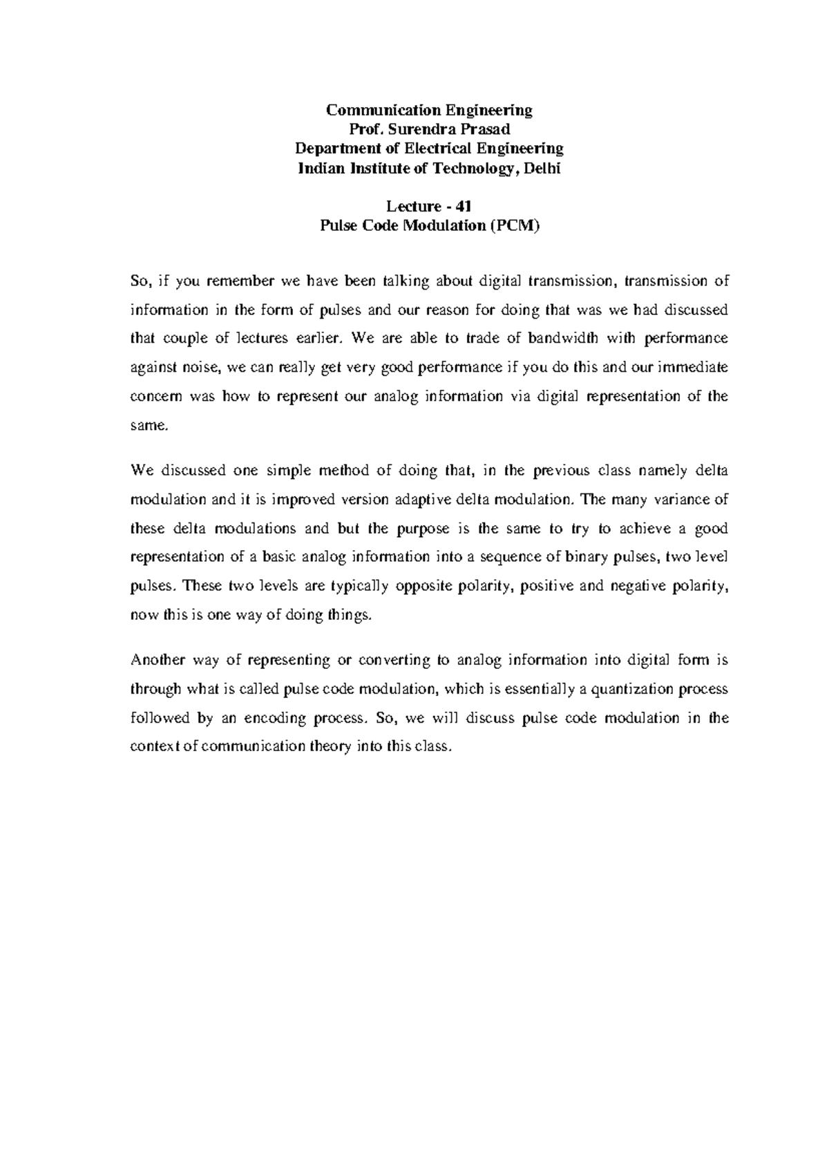 PCM - Lecture Notes on Pulse Code Modulation and Quantization - Studocu
