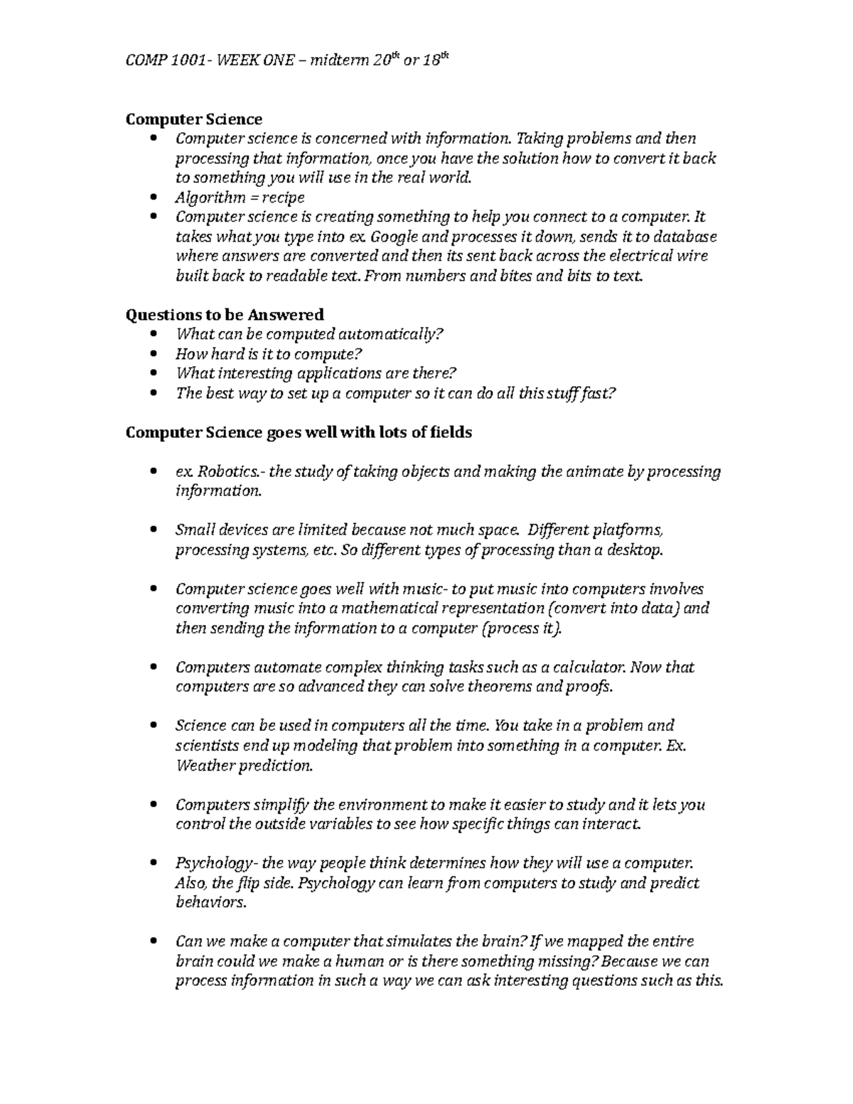 COMP 1001 - Computer Science Midterm Notes: Week 1 Overview - Studocu