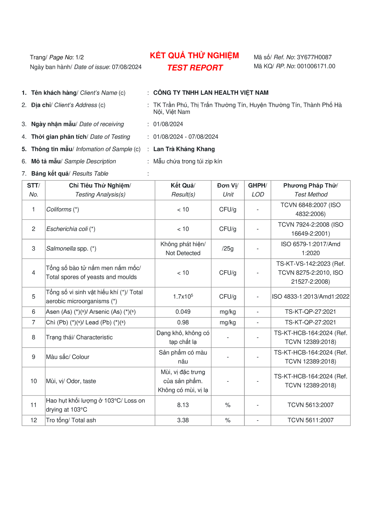 3Y677H0087 (qk) - aloalo - TEST REPORT Trang/ Page No: 1 / Ngày ban ...