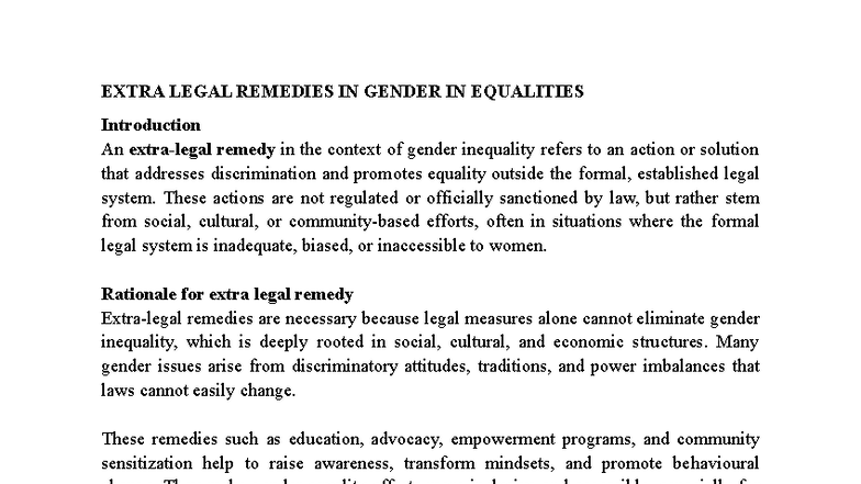 EXTRA LEGAL REMEDIES IN GENDER INEQUALITIES - LECTURE NOTES - Studocu