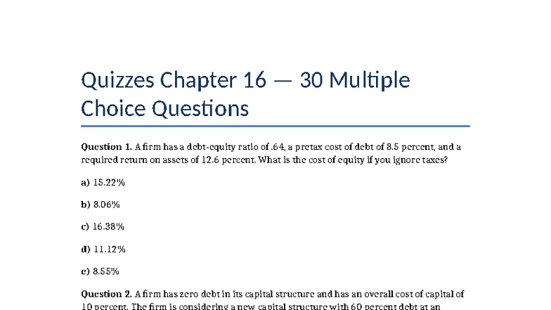 Quizzes FIN 301 Chapter 16: 30 Multiple Choice Questions - Studocu