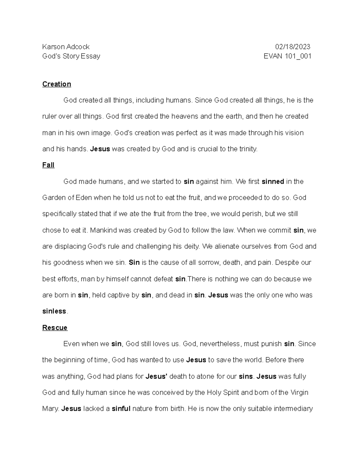 God's Story Essay - Grade A - Karson Adcock 02/18/ God’s Story Essay ...