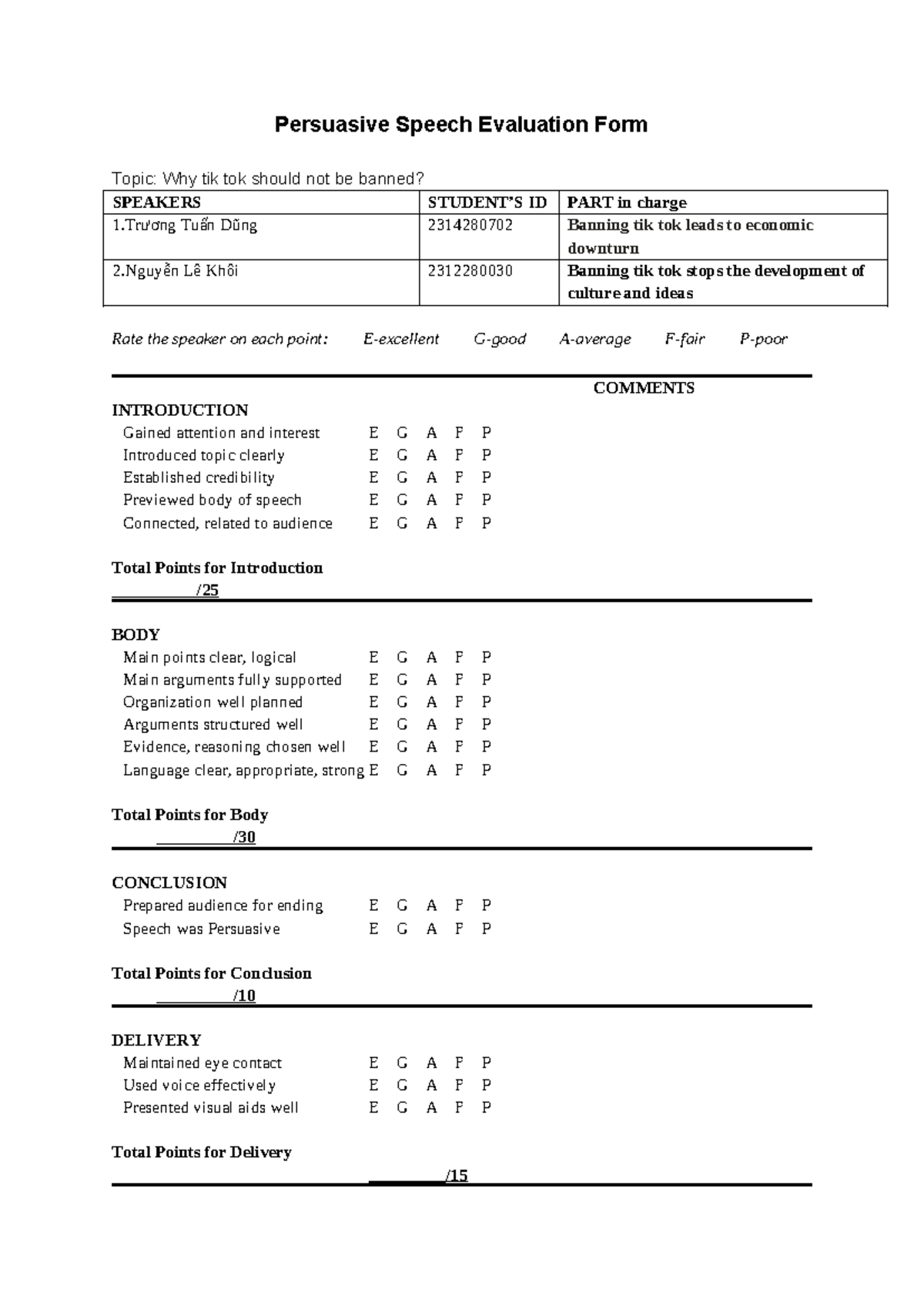 Persuasive Speech Evaluation Form on TikTok Ban Topic - Studocu