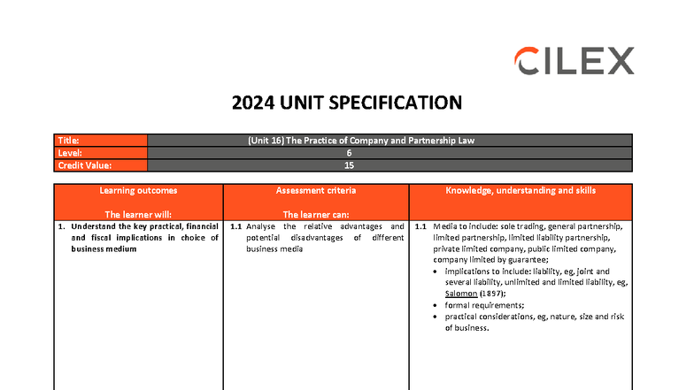 CILEX Level 16 Unit Specification: Company and Partnership Law 2024 ...