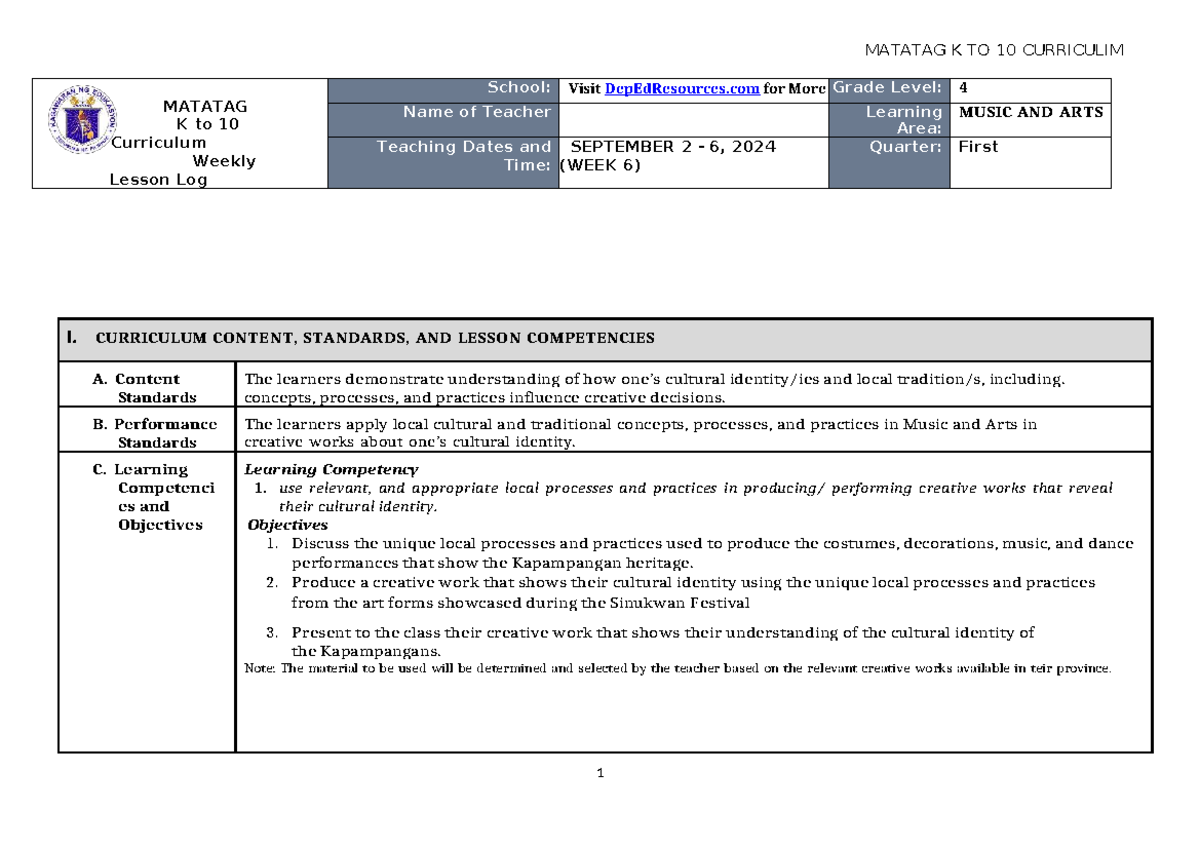 DLL-MATATAG K to 10 Music & Arts Grade 4 Weekly Lesson Log (W6) - Studocu