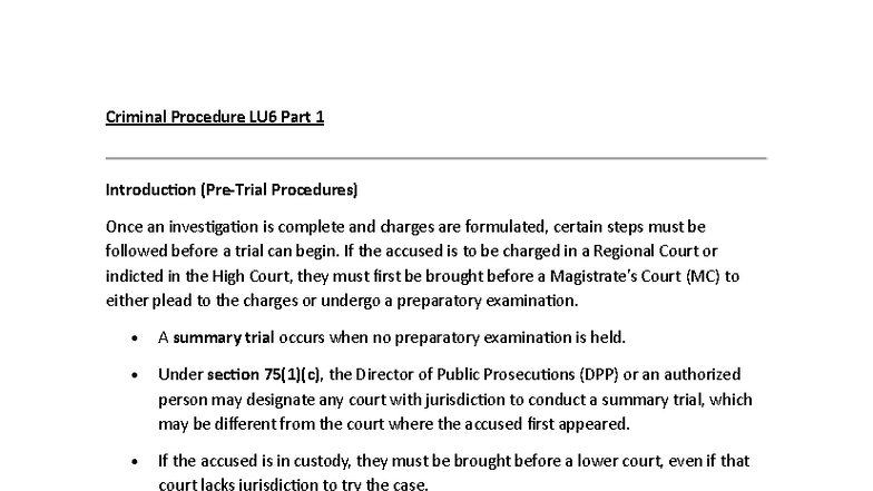 Criminal Procedure LU6 2024: Summary Trials and Bail Processes - Studocu