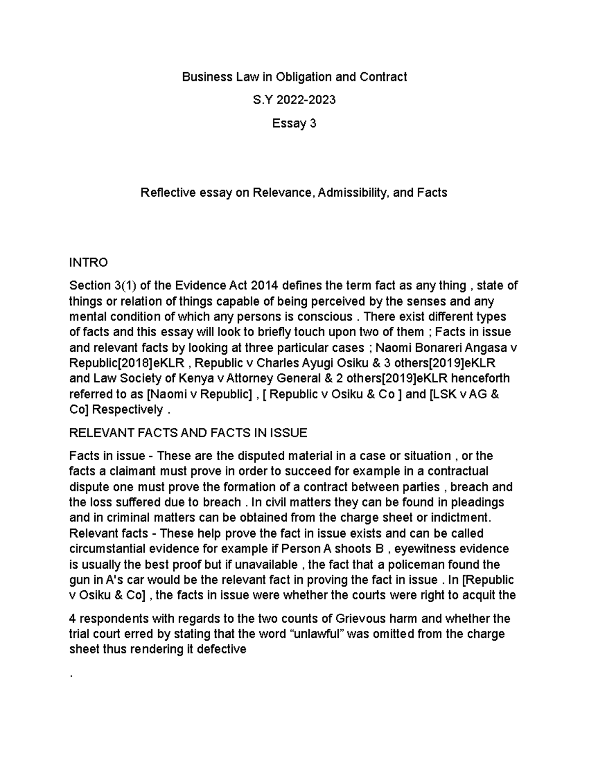 Business Law (BLW 302) | Reflective Essay 3: Facts & Evidence Review ...