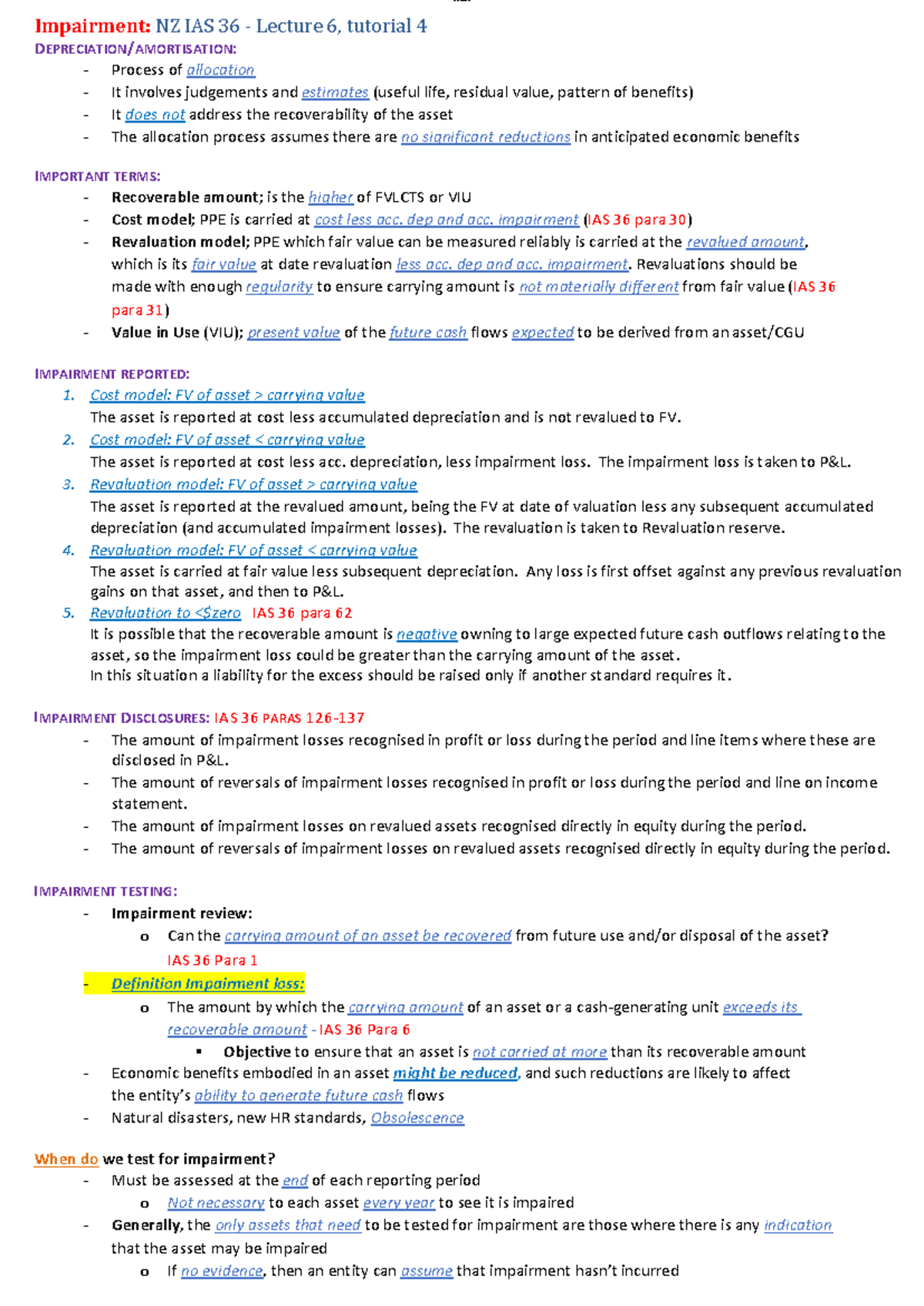 Impairment Review Notes - NZ IAS 36 Lecture 6 & Tutorial 4 - Studocu
