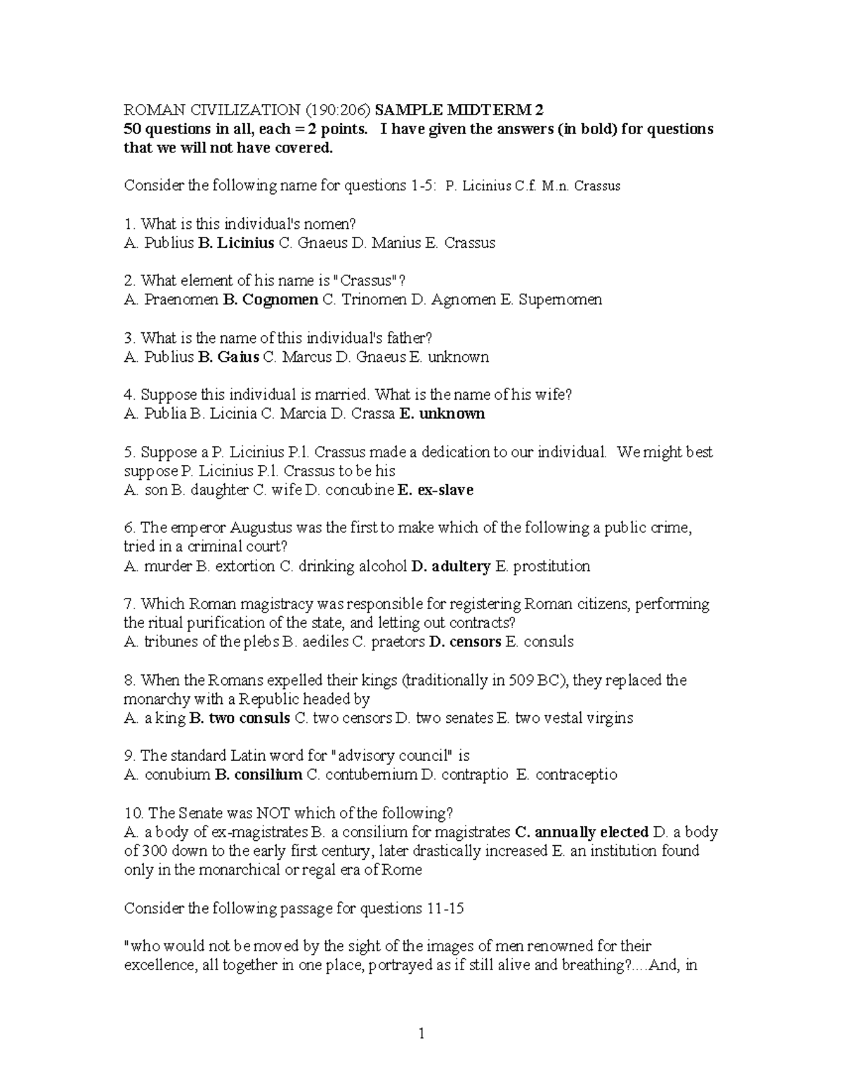 ROMAN CIVILIZATION (190:206) PRACTICE MIDTERM 2 QUESTIONS & ANSWERS ...