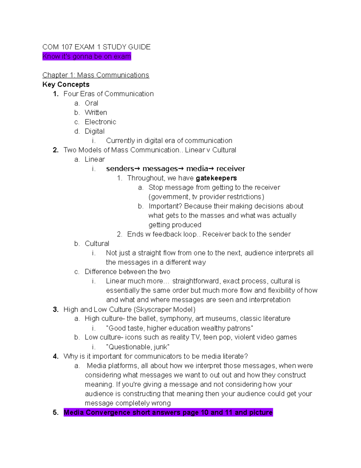 COM 107 EXAM 1 - Comprehensive Study Guide for First Exam with Hedges ...