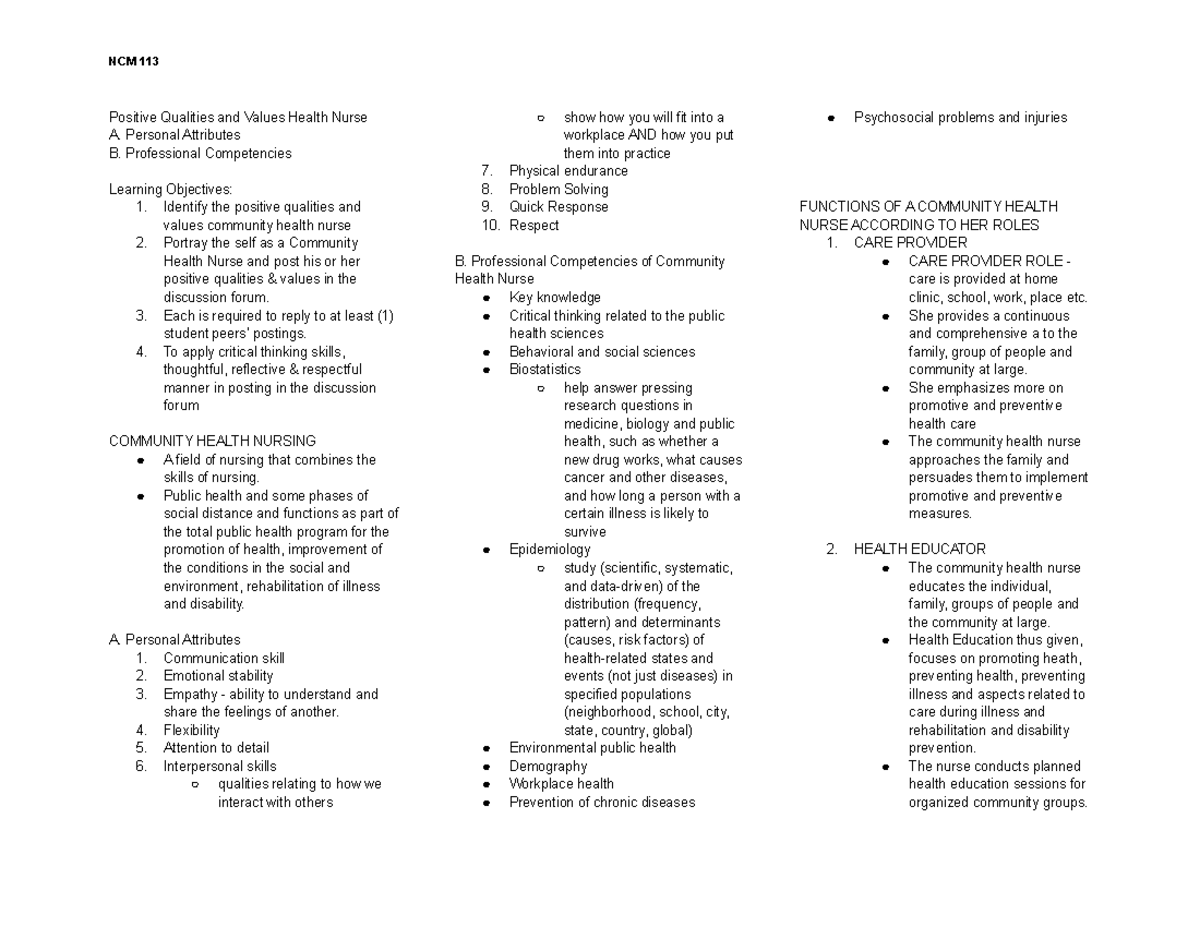 Positive Qualities & Values of Community Health Nurse (NCM 113) - Studocu