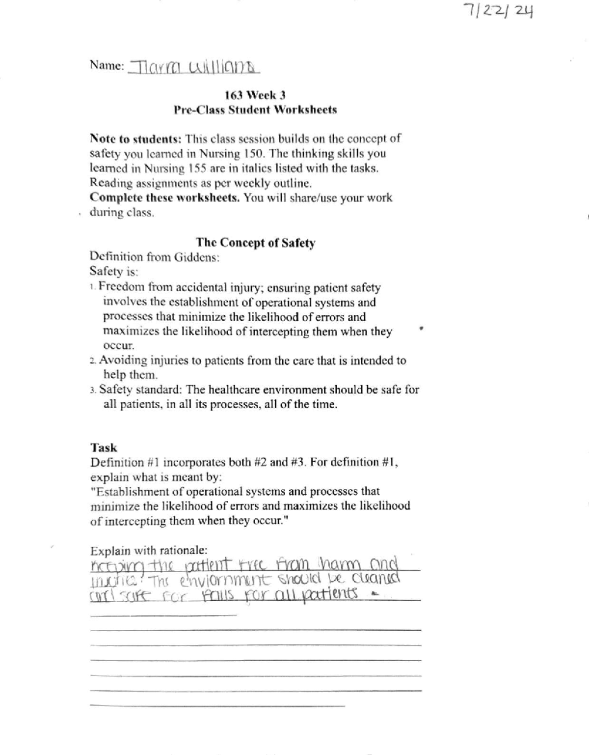 163 Week 3 - Safety Concepts and Patient Care Worksheets - Studocu