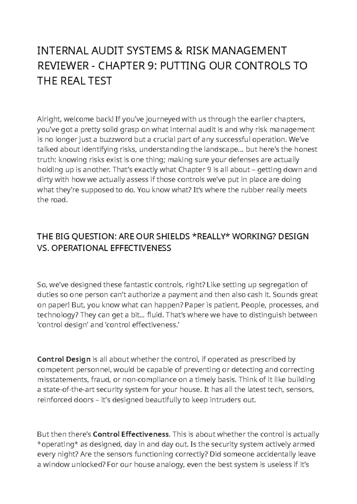 INTERNAL AUDIT SYSTEMS RISK MANAGEMENT REVIEWER CH. 9: TESTING CONTROLS ...