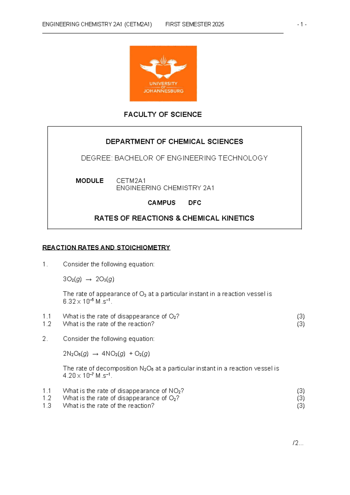 Practice Questions on Rates of Reactions - Engineering Chemistry 2A1 ...