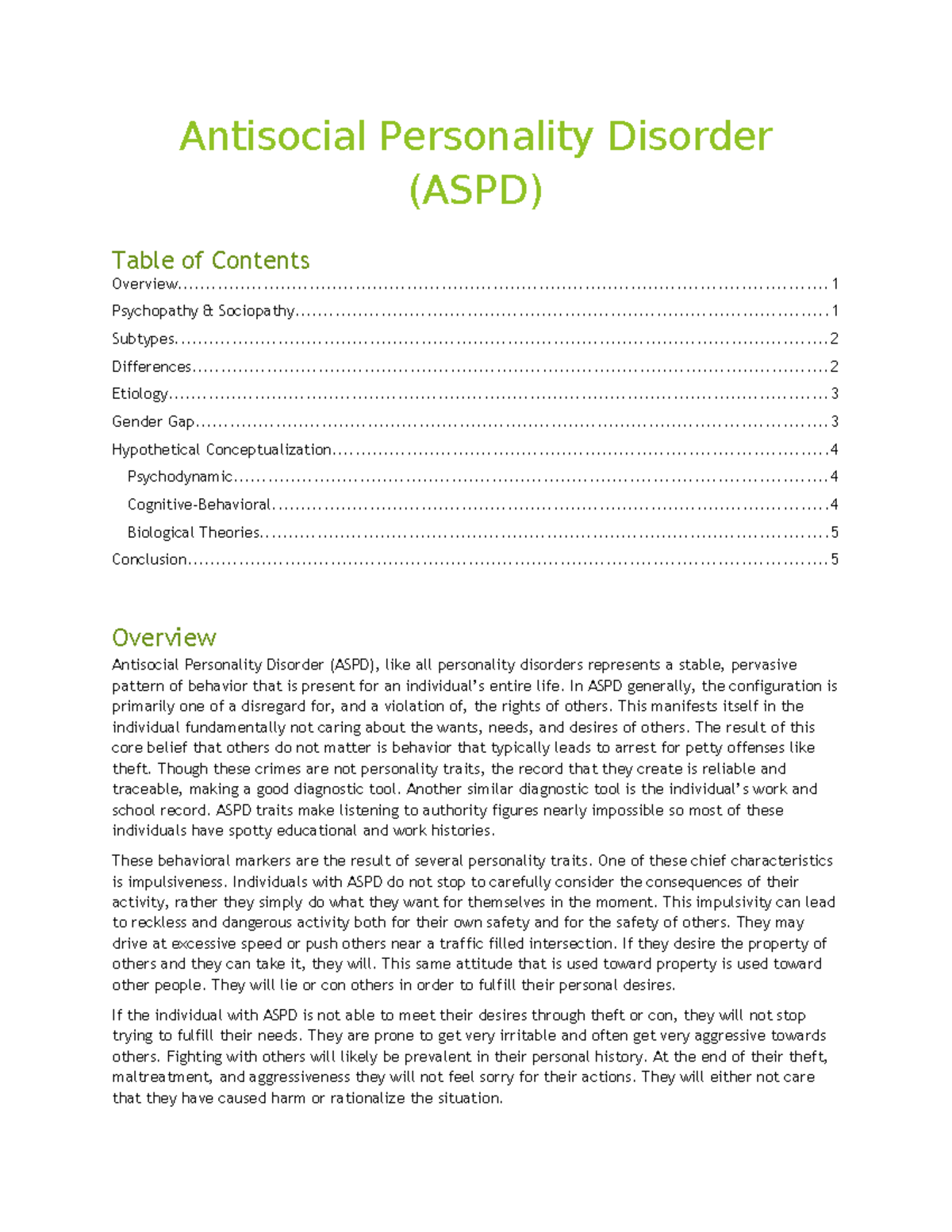 Antisocial Personality Disorder (ASPD) Overview and Analysis - Studocu