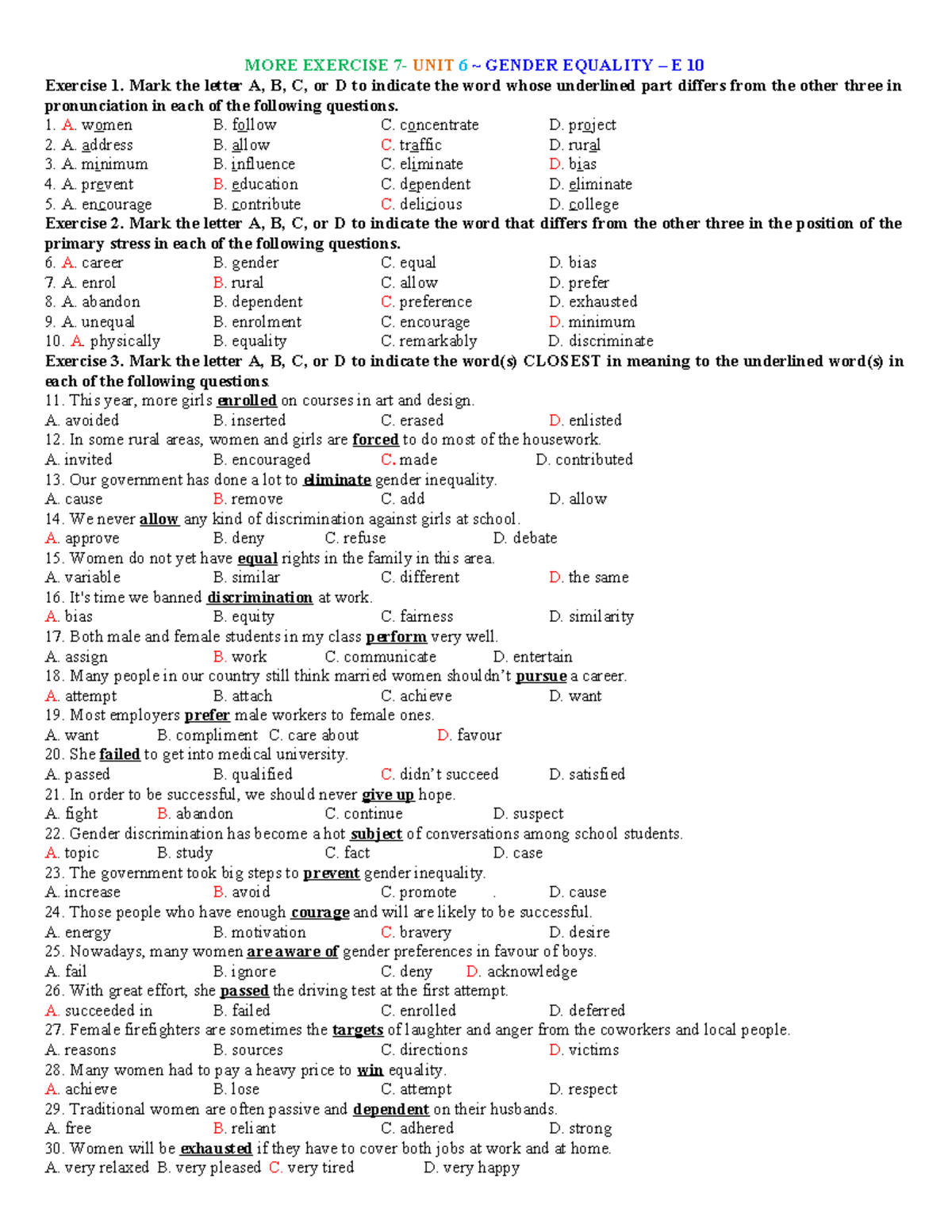 E10 Unit 6 Gender Equality: Pronunciation & Stress Exercises - Studocu
